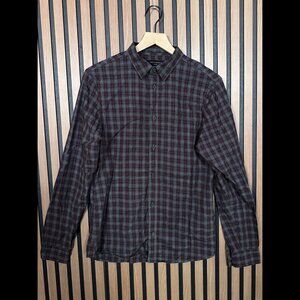 AllSaints Shirt Small Mens Red Gray Long Sleeve Traxler Button Check Plaid